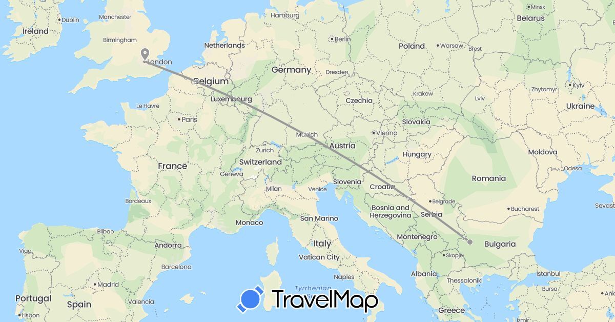 TravelMap itinerary: driving, plane in Bulgaria, United Kingdom (Europe)
